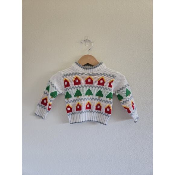6-12m Vintage Hopscotch Knit Holiday Sweater With Trees And Cabins - Picture 4 of 4